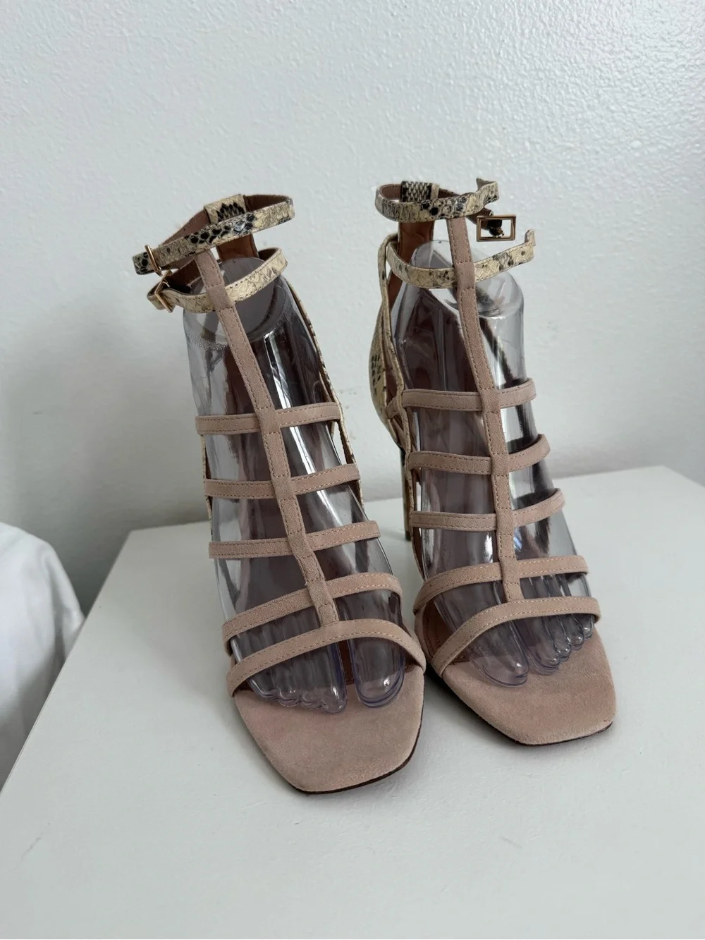 BCBGMaxAzria Nude Taupe Strappy High Heel Sandals with Snake-Print Trim